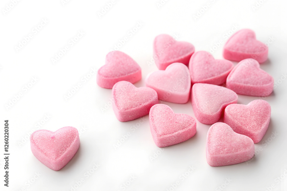 Obraz premium The image shows pink heart-shaped candies on a white background. 