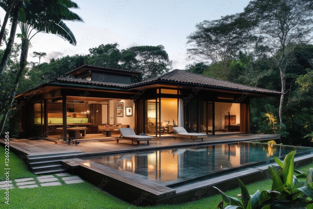 Modern house with pool at dusk. Modern house with pool at dusk.