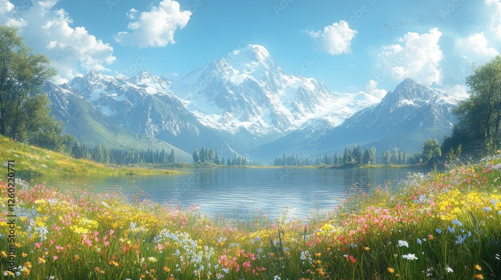 Obraz premium Mountain lake meadow blooms sunny day