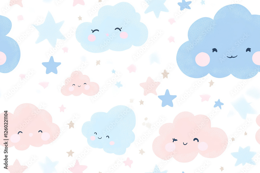 Cute children's pattern with clouds and stars in soft pastel shades of blue and pink, textures, patterns Cute children's pattern with clouds and stars in soft pastel shades of blue and pink, textures, patterns