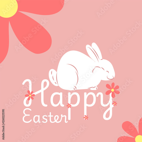 White easter bunny smelling flowers on pink background