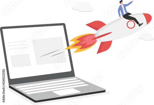 Casual businessman on a rocket using telescope, start-up, digital marketing, traffic booster concept, vector illustration

