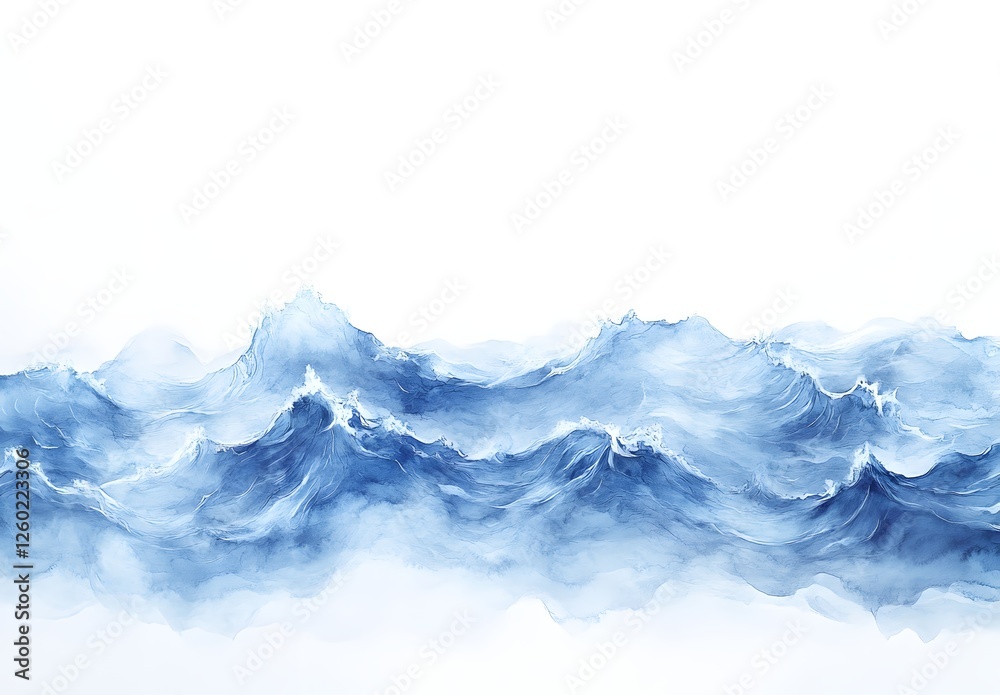 Abstract Ocean Waves, Horizontal, White Background, Misty Atmosphere