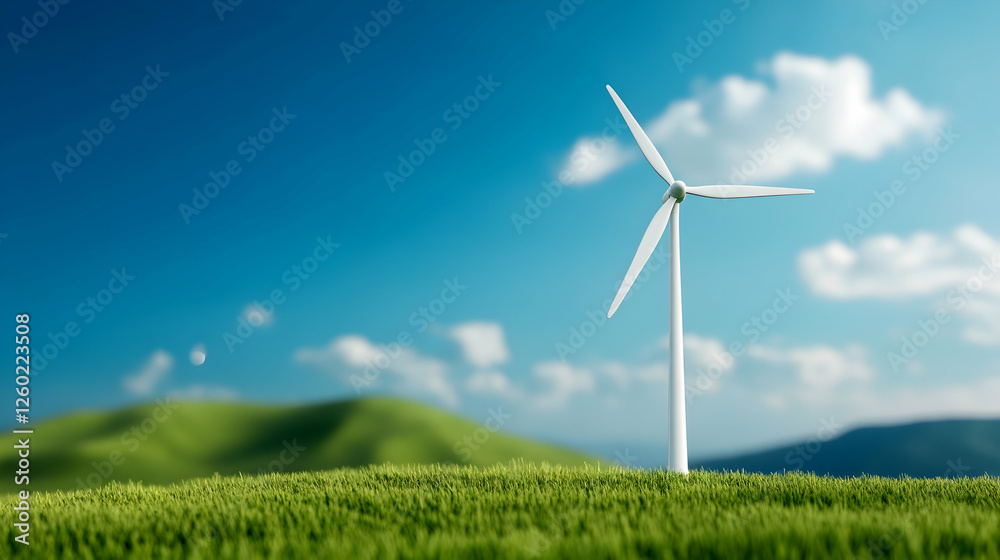 Fototapeta premium Wind turbine in a green landscape under blue sky.