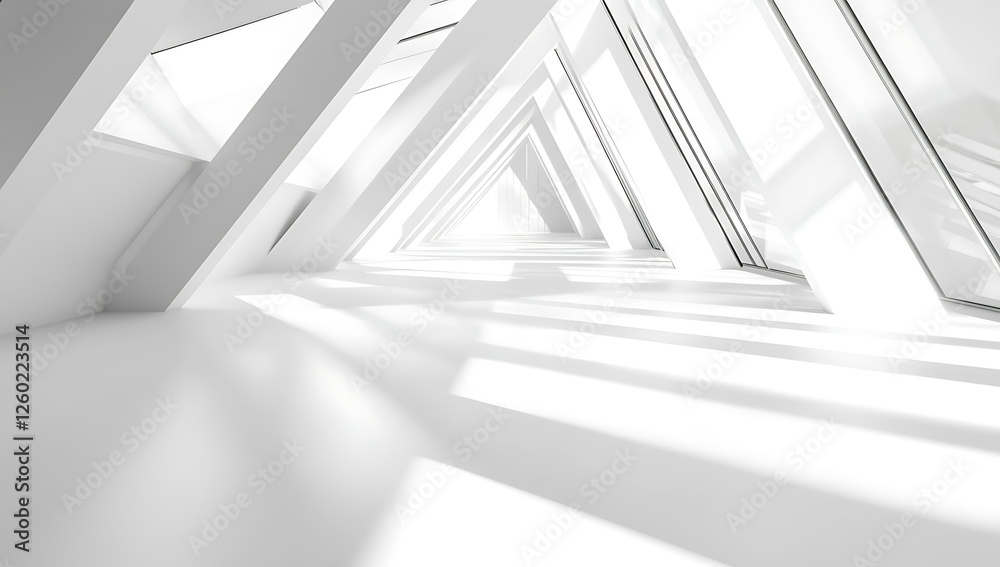 Obraz premium Modern white architecture interior, sunlight, geometric design, spacious hallway, architectural visualization