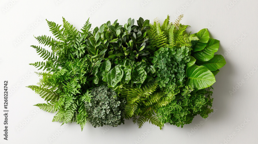 Fototapeta premium Lush green foliage arrangement showcasing various plants and leaves, creating vibrant and eco friendly aesthetic. Perfect for nature lovers and interior decor enthusiasts
