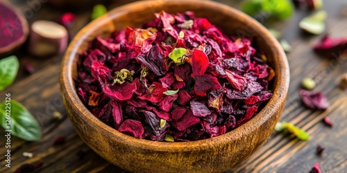 Crunchy beetroot chips nestled in a rustic wooden bowl, set atop a warm wood surface with a subtle, textured backdrop photo