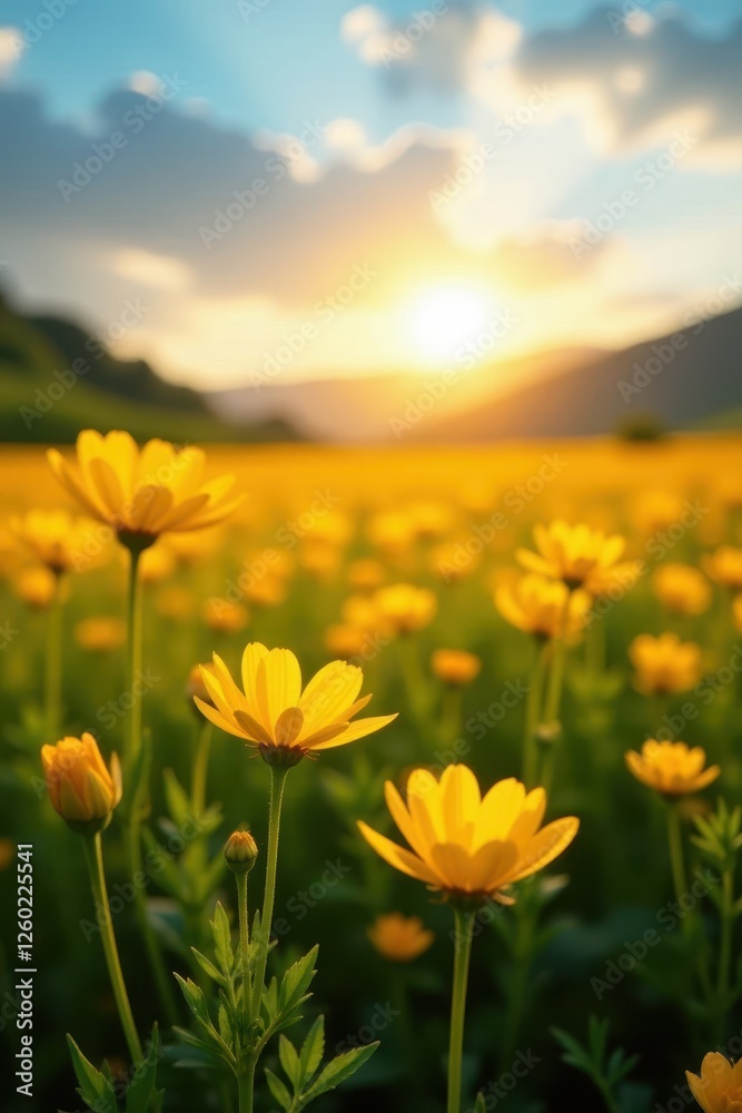 Fototapeta premium Golden hour, blooming buttercups, vast clear area, sunshine, bright