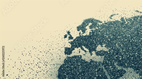A digital representation of Europe with a pixelated dispersion effect, symbolizing data flow, technology, and globalization. The abstract style enhances the futuristic theme. AI generated.