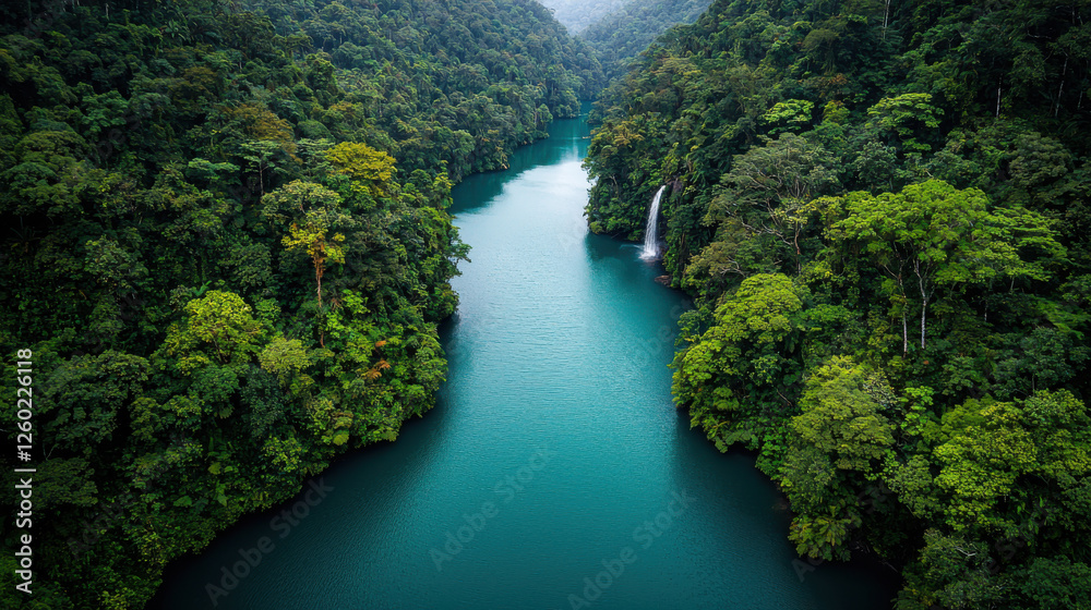 breathtaking aerial view of serene river surrounded by lush green forests, with waterfall cascading into tranquil waters, creating peaceful and vibrant natural landscape breathtaking aerial view of serene river surrounded by lush green forests, with waterfall cascading into tranquil waters, creating peaceful and vibrant natural landscape