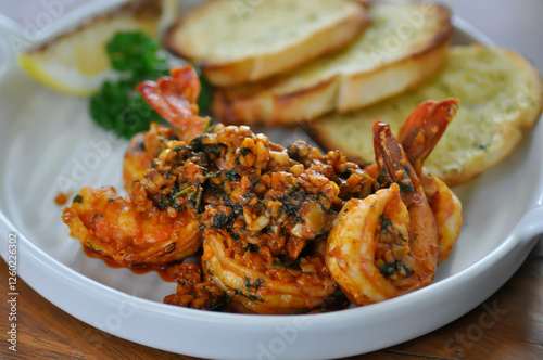 stir fried shrimp or Gambas al Ajillo or Shrimps pan fried with extravirgin olive oil and garlic with toast photo