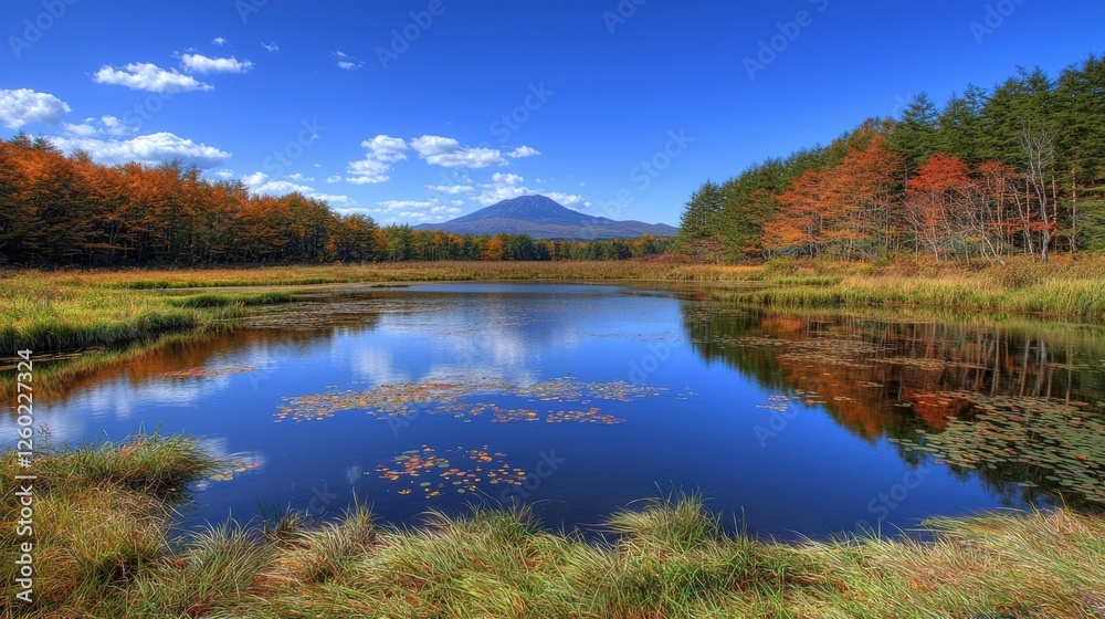 Autumn reflection on tranquil lake with majestic mountain nature landscape scenic view clear blue sky Autumn reflection on tranquil lake with majestic mountain nature landscape scenic view clear blue sky