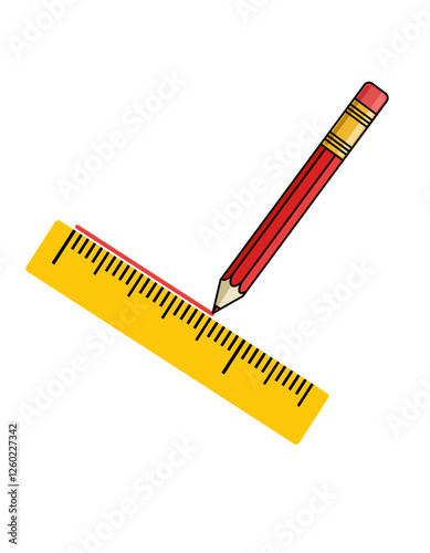 Red Pencil drawing a Line from a Ruler. Vector graphic illustration isolated on white background. 