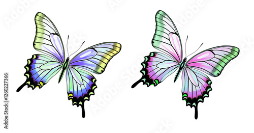 Swallowtail & Green-banded Butterfly Illustration – Vibrant Fantasy Winged Insects for Graphic Design & Decor