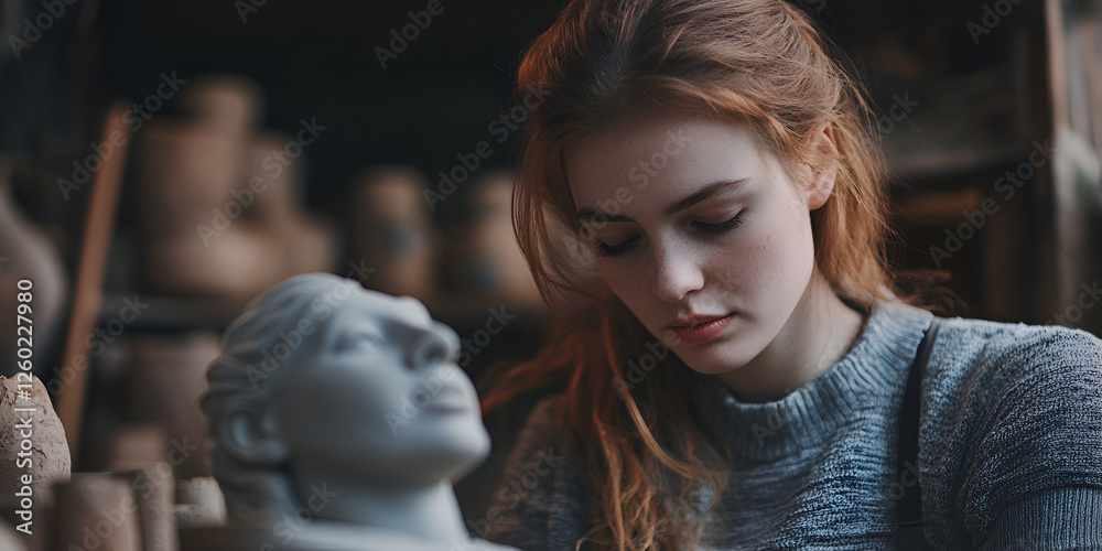 Fototapeta premium A young woman working in a pottery studio, focused on sculpting a clay bust, showcasing the beauty of the creative process.