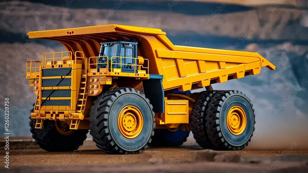 The model dump truck is prominently displayed on rough terrain, emphasizing its large wheels and body against a backdrop of rocky textures, showcasing its design and craftsmanship. The model dump truck is prominently displayed on rough terrain, emphasizing its large wheels and body against a backdrop of rocky textures, showcasing its design and craftsmanship.