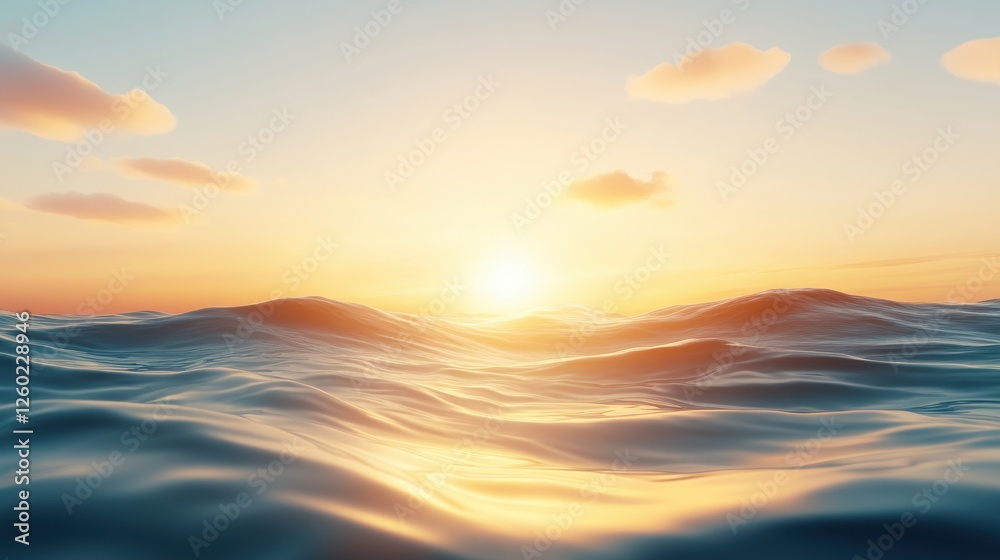Fototapeta premium A serene seascape showcasing gentle waves under a vibrant sunset, with soft clouds scattered in the sky.
