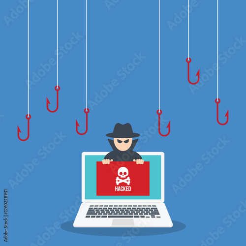 Hacker attack. Hackers and cybercriminals phishing, identity theft, user login, password, documents, email and credit card. Hacking and web security. Internet phishing concept. Vector illustration