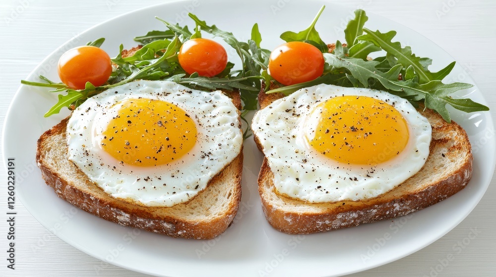 Delicious breakfast plate with fried eggs on toast and fresh greens garnished with cherry tomatoes and herbs Delicious breakfast plate with fried eggs on toast and fresh greens garnished with cherry tomatoes and herbs