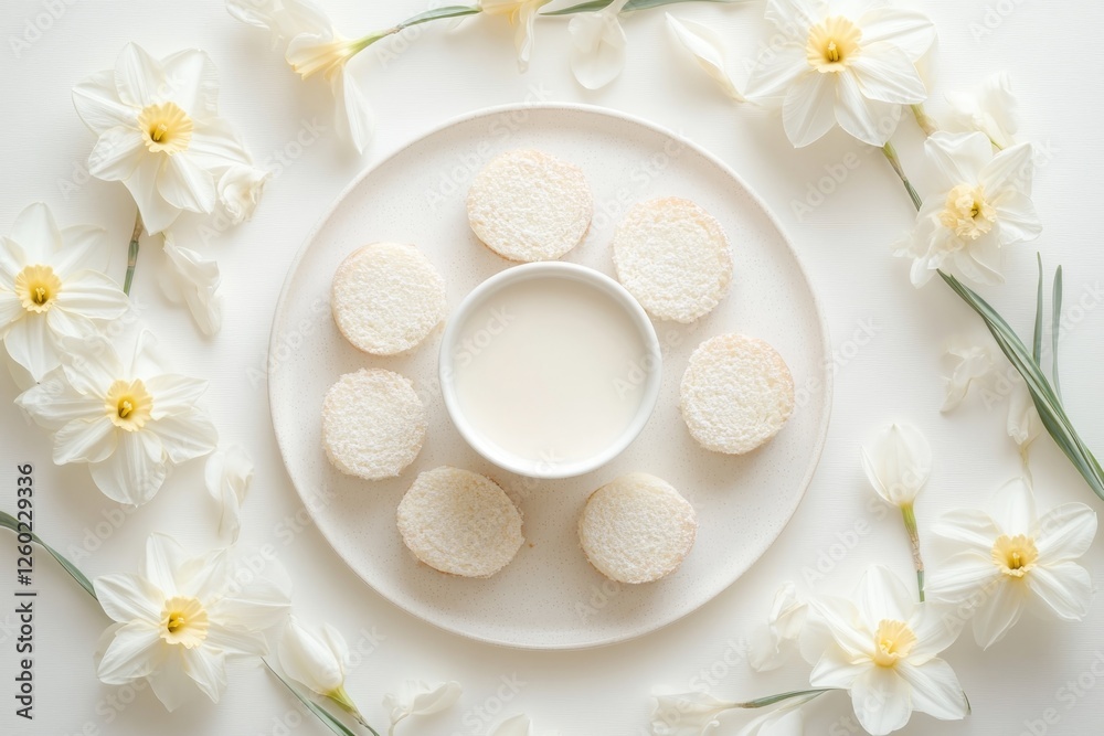 Welsh Cakes Arranged in a Circle With Daffodils for a Minimalist Flat Lay Presentation Welsh Cakes Arranged in a Circle With Daffodils for a Minimalist Flat Lay Presentation