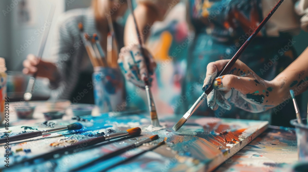 Obraz premium People expressing themselves doing art during an art therapy workshop, with paints, brushes, canvases. Therapeutic benefits of creativity and self-expression in mental health and emotional well-being.