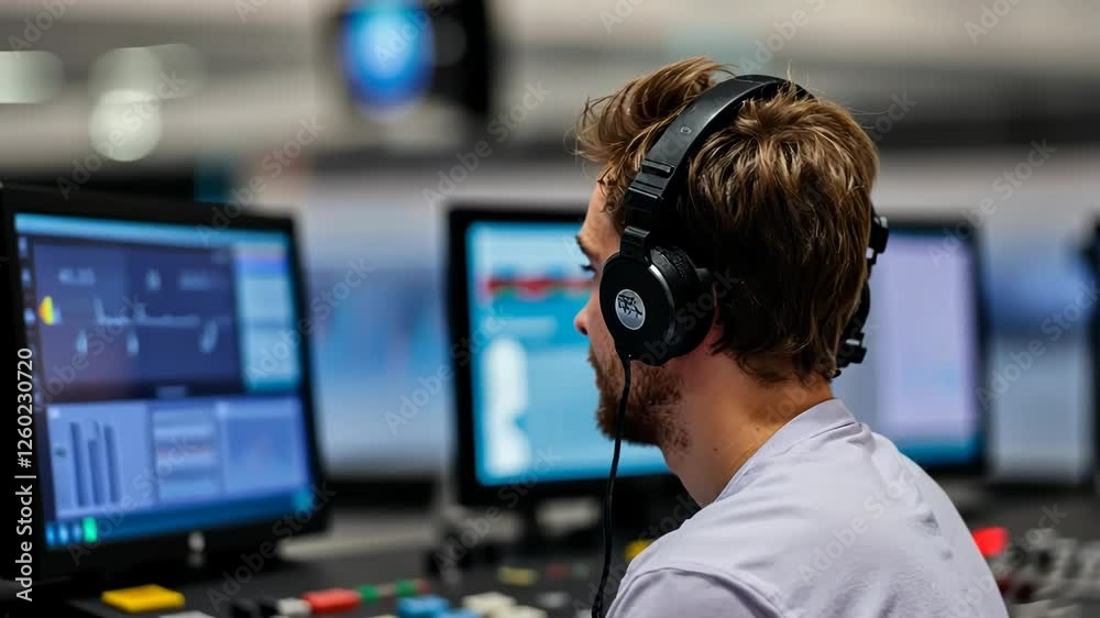 Man with Headphones at Work Man with Headphones at Work