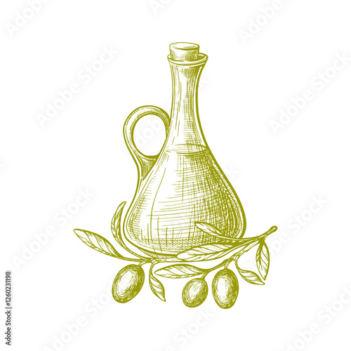 Glass olive oil bottle Extra virgin oil Hand drawn