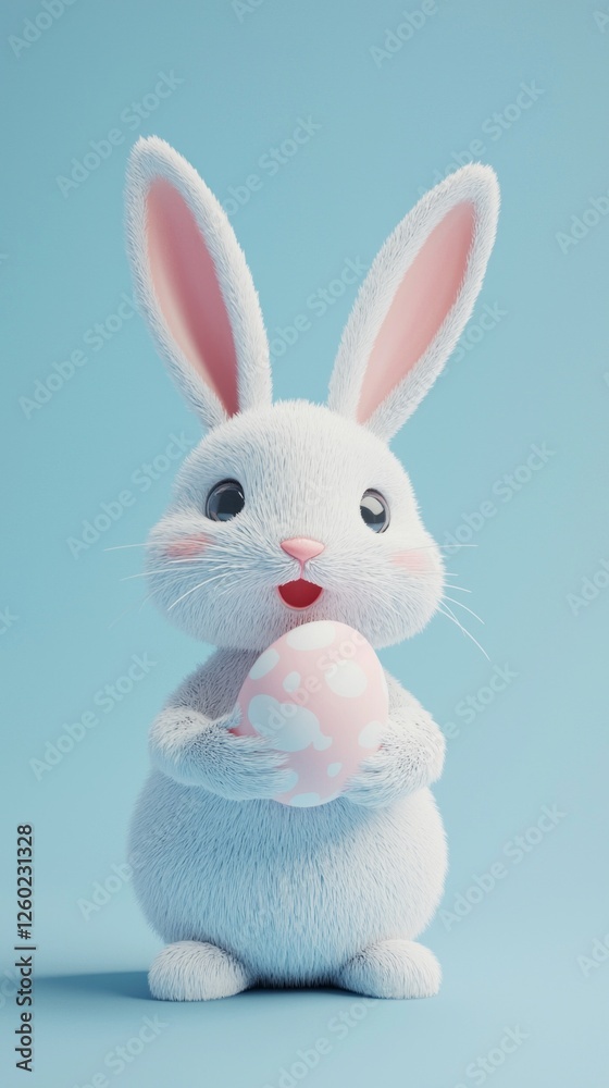 Obraz premium A delightful bunny with soft, white fur cheerfully holds a pastel pink Easter egg adorned with white polka dots