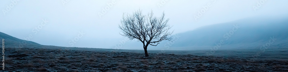 Leafless Tree in Misty Landscape