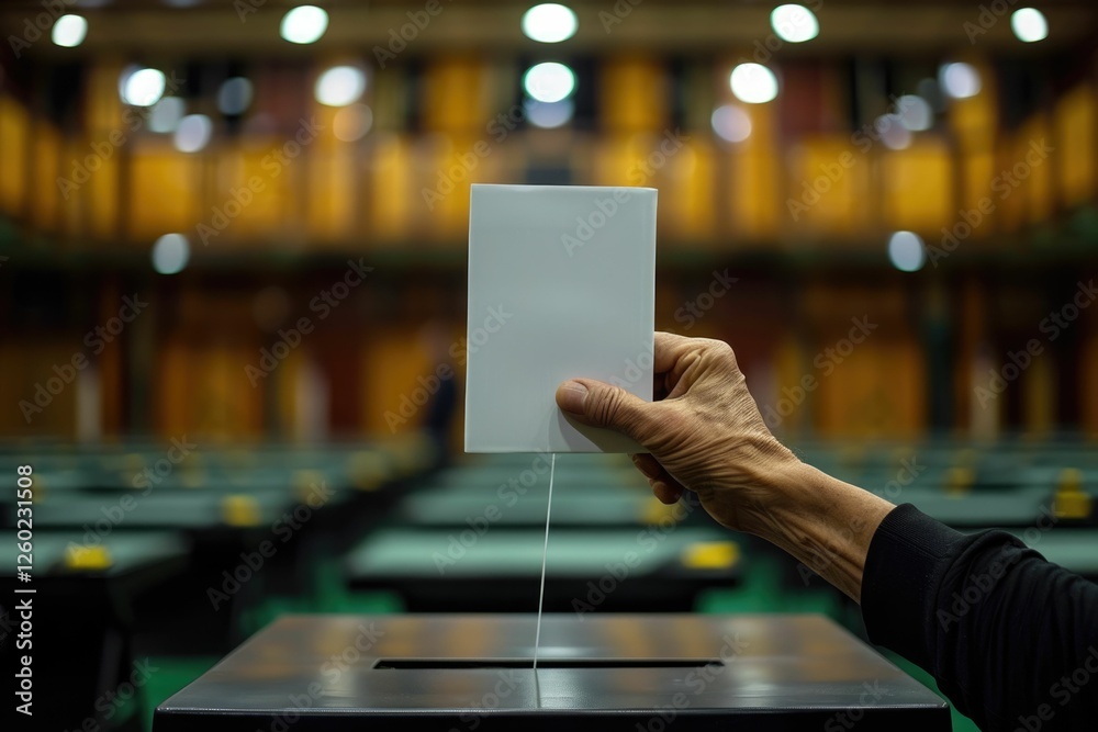 A hand carefully inserts a blank ballot into a voting box in an election. A hand carefully inserts a blank ballot into a voting box in an election.