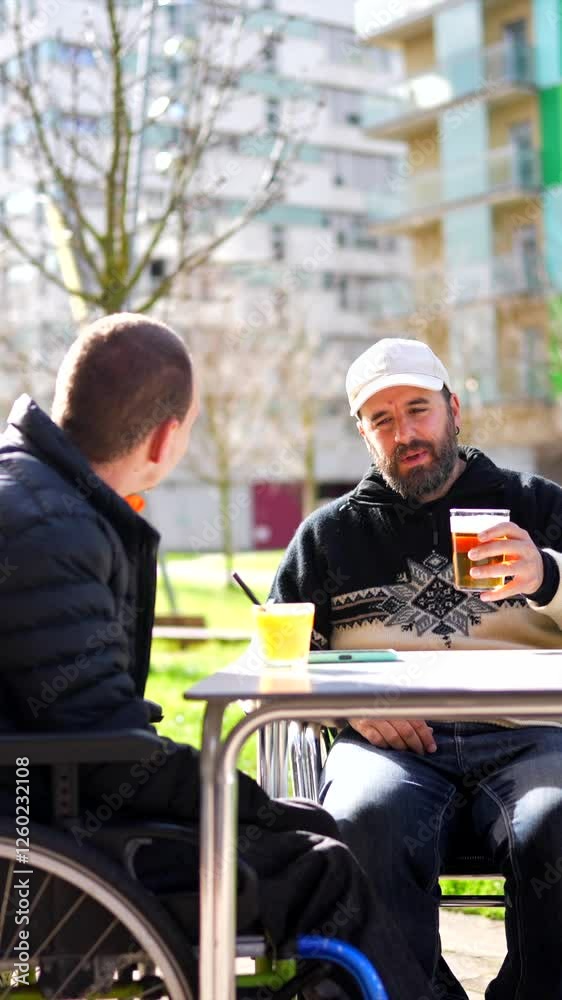 Two friends enjoying drinks and conversation at an outdoor table Two friends enjoying drinks and conversation at an outdoor table