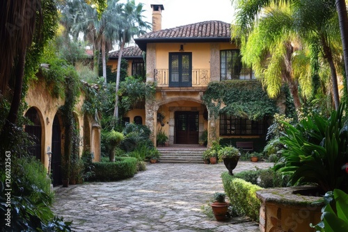 Mediterranean-style house with lush gardens.