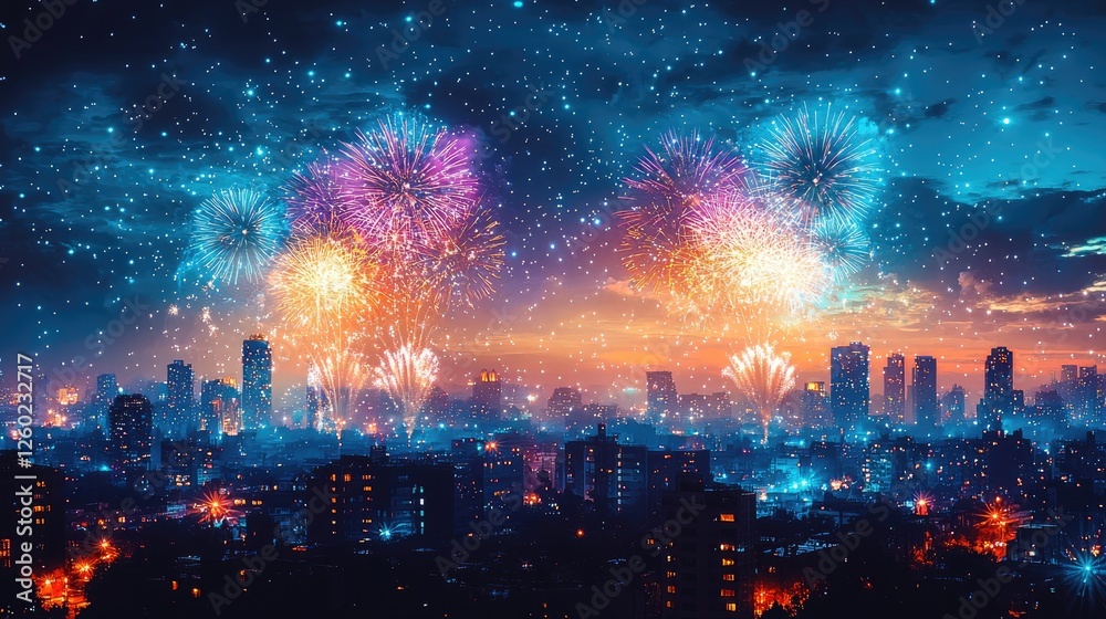 Fototapeta premium Festive Fireworks Display Over City Skyline at Night
