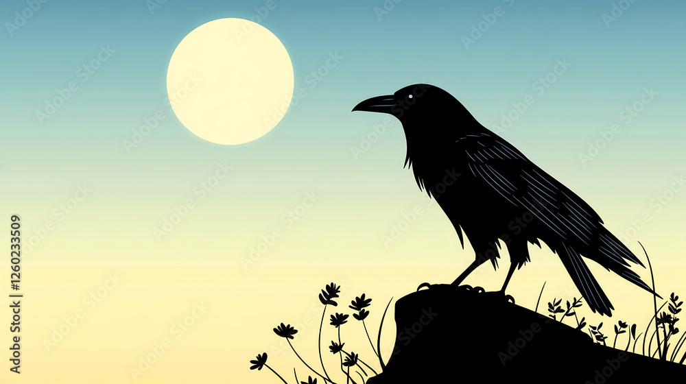 Fototapeta premium A black crow perched on the edge of an evening hill, silhouetted against a full moon in the sky, illustrated in a flat vector style with minimalistic design elements and bold colors. The background 