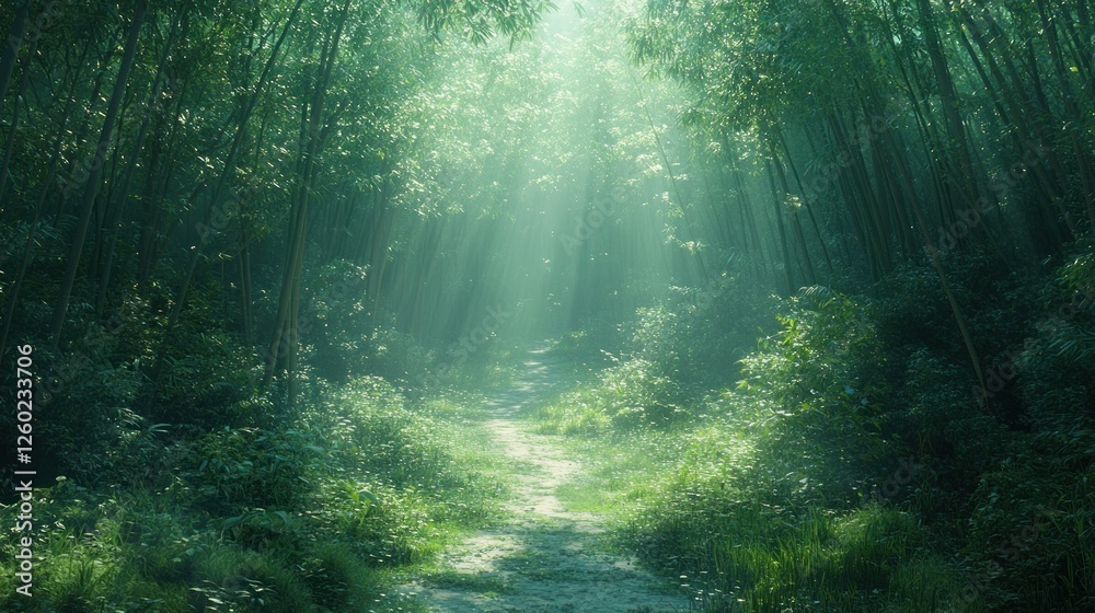 Obraz premium Misty bamboo forest path bathed in sunlight