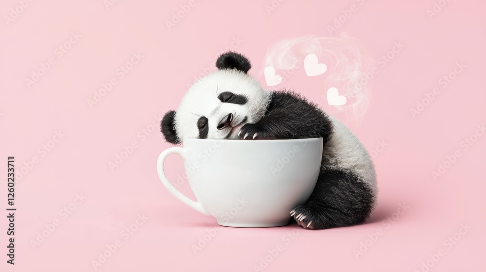 Obraz premium A tiny sleepy panda resting inside a teacup, with steam forming soft heart shapes against a pastel pink background