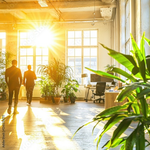 Two professionals collaborating in bright modern office with plants urban environment business action