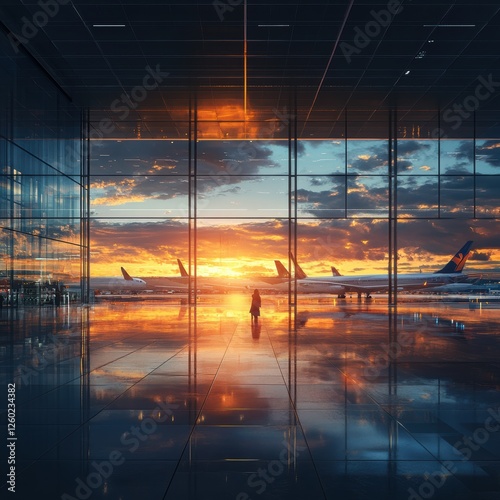 Sunset reflection at airport terminal travel destination landscape photography modern environment wide angle view