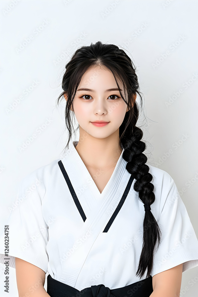 Young woman in karate uniform poses against a clean white background. For martial arts Young woman in karate uniform poses against a clean white background. For martial arts