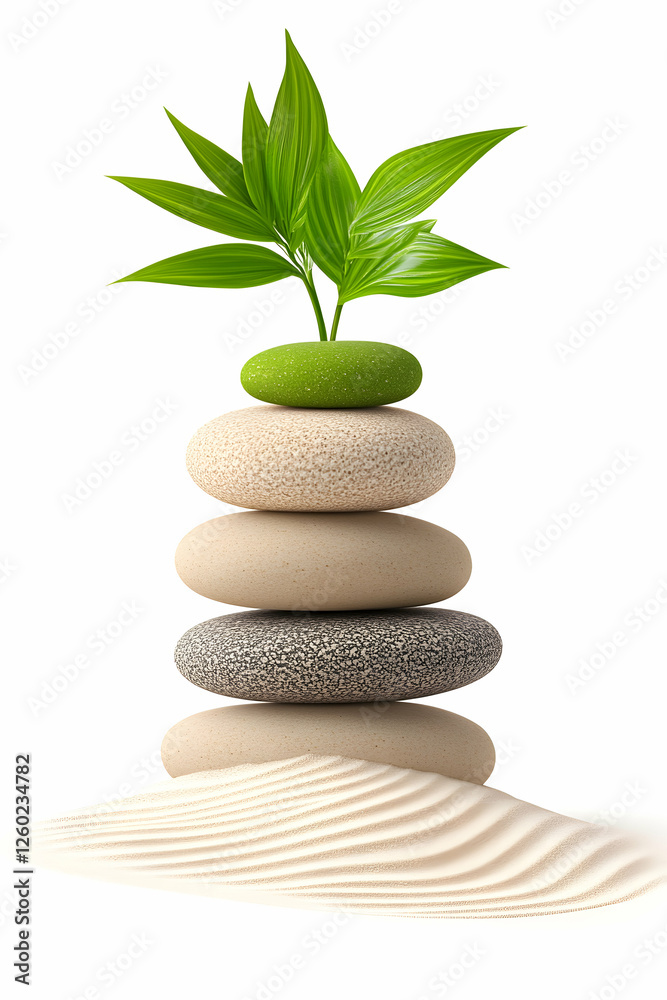 Zen Stones Stacked with Green Plant on a Sandbed, Promoting Balance and Growth Zen Stones Stacked with Green Plant on a Sandbed, Promoting Balance and Growth