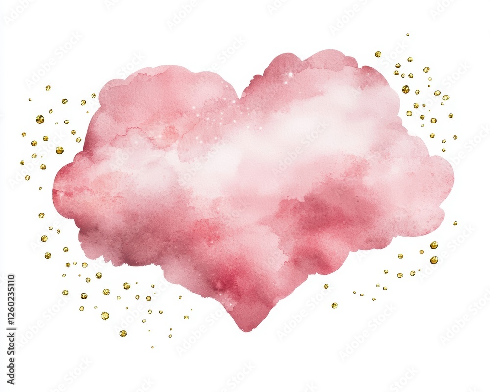 A whimsical pastel pink heart-shaped cloud with tiny golden raindrops, painted in a delicate, airy watercolor style A whimsical pastel pink heart-shaped cloud with tiny golden raindrops, painted in a delicate, airy watercolor style