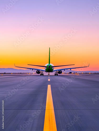 Airplane on runway taking off at dusk for travel. Transportation concept