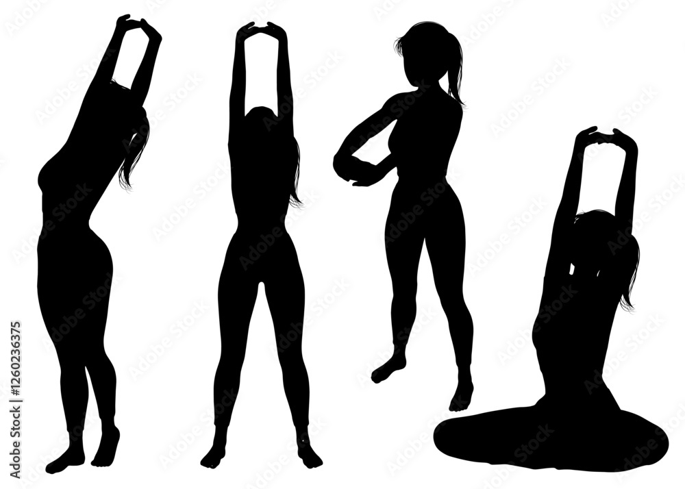 伸びをしてストレッチする女性のシルエットのイラストセット 全身正面 横向き 後ろ姿