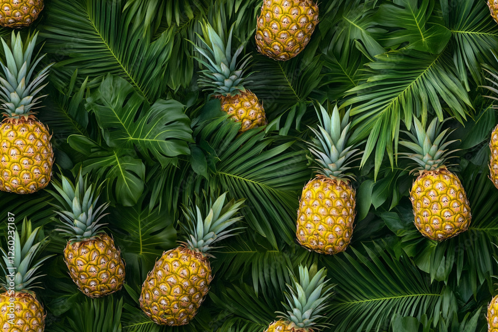 Tropical pattern with pineapples and palm leaves in juicy green and yellow shades, textures, patterns Tropical pattern with pineapples and palm leaves in juicy green and yellow shades, textures, patterns