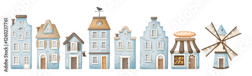 Photography Watercolor collection of illustrations of Dutch houses in soft pastel shades of blue