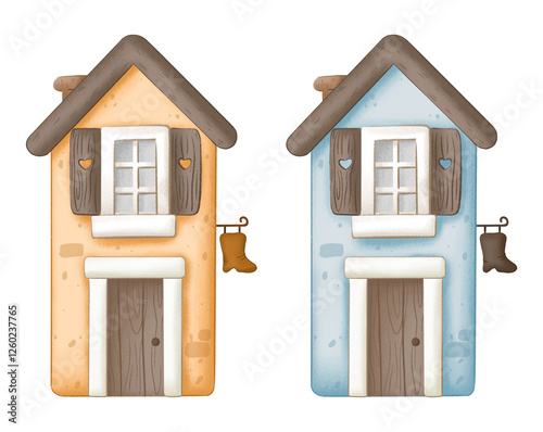 Photography Watercolor illustration of Dutch houses with a shoemaker's sign in soft pastel shades of blue and yellow