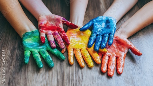 Creative hands covered in paint art studio photography vibrant environment top-down view artistic expression