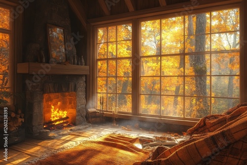Cozy Autumn Cabin Fireplace Forest View