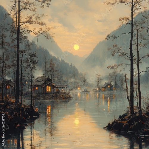 Lakeside cabins at sunset, misty mountains, tranquil scene photo