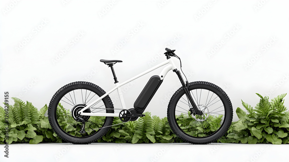 Obraz premium Electric bicycle on natural white wall, fern plants. For outdoor advertisement